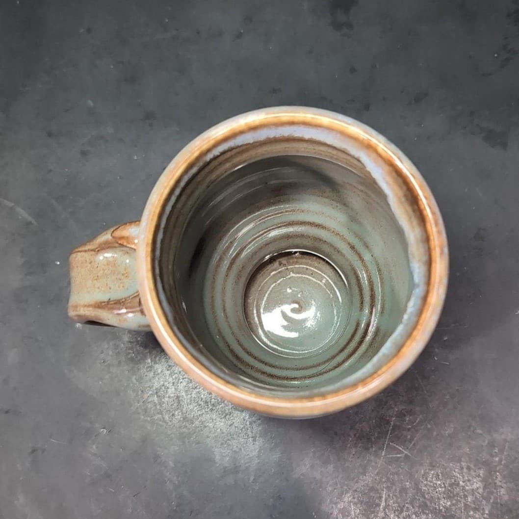 Drip Glazed Stamped Pottery Mug, Potbelly Coffee Cup, Signed MM or WW Bulb Logo - Thumbnail 7
