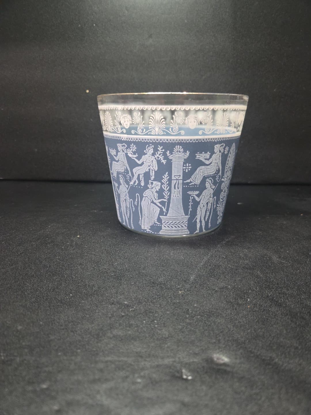 Wedgwood Blue Glass Ice Bucket, Jeanette Corinthian Style, Vtg Hellenic Design - Thumbnail 4