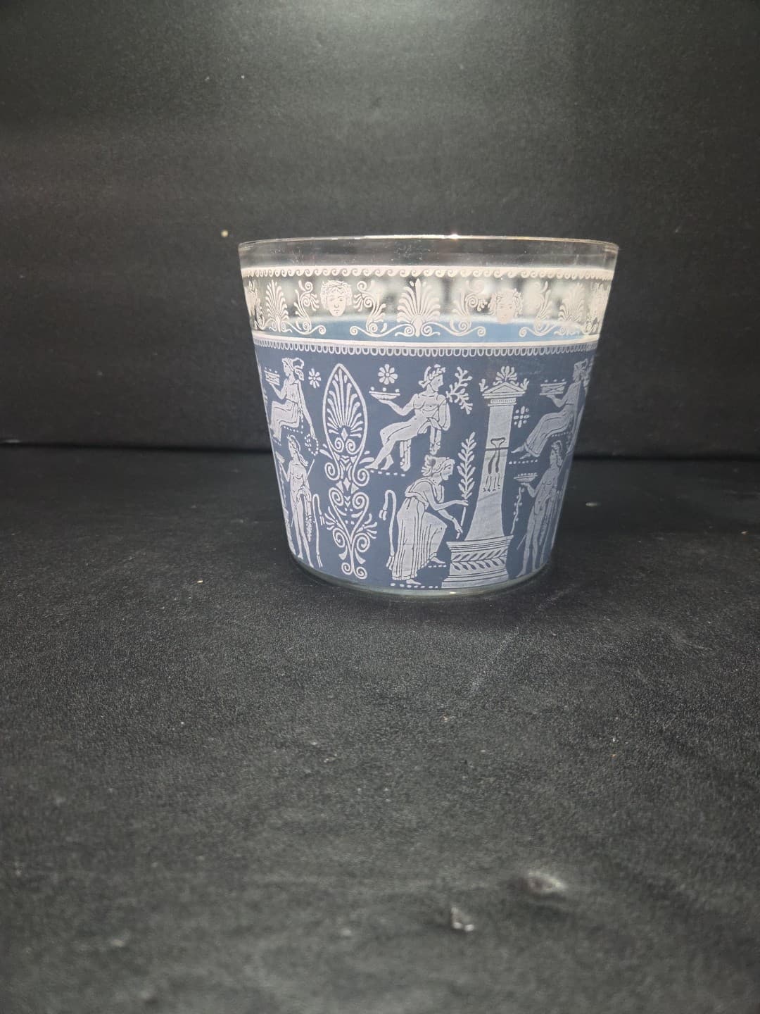 Wedgwood Blue Glass Ice Bucket, Jeanette Corinthian Style, Vtg Hellenic Design - Thumbnail 3
