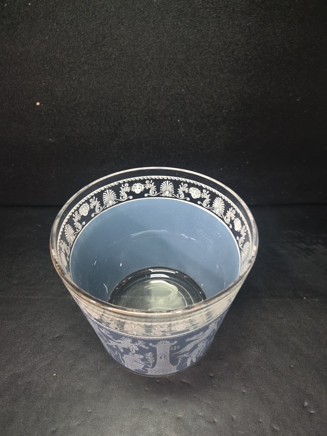 Wedgwood Blue Glass Ice Bucket, Jeanette Corinthian Style, Vtg Hellenic Design - Thumbnail 5