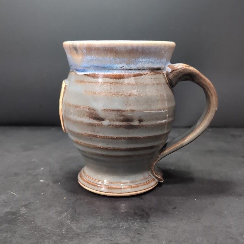 Drip Glazed Stamped Pottery Mug, Potbelly Coffee Cup, Signed MM or WW Bulb Logo - Thumbnail 3