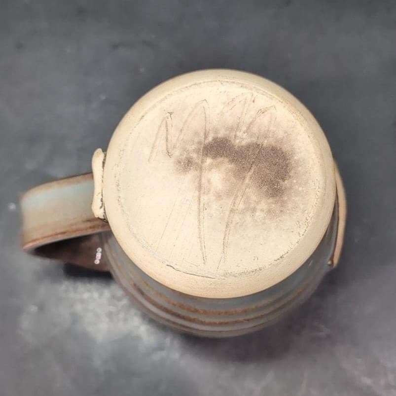 Drip Glazed Stamped Pottery Mug, Potbelly Coffee Cup, Signed MM or WW Bulb Logo - Thumbnail 8