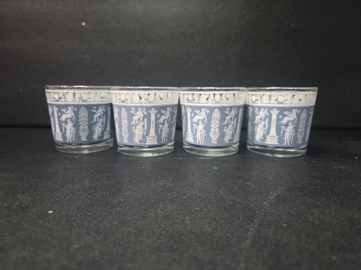 Jeanette Glass Corinthian Blue Tumblers, Vintage 8 oz Whiskey Glasses, Set of 4