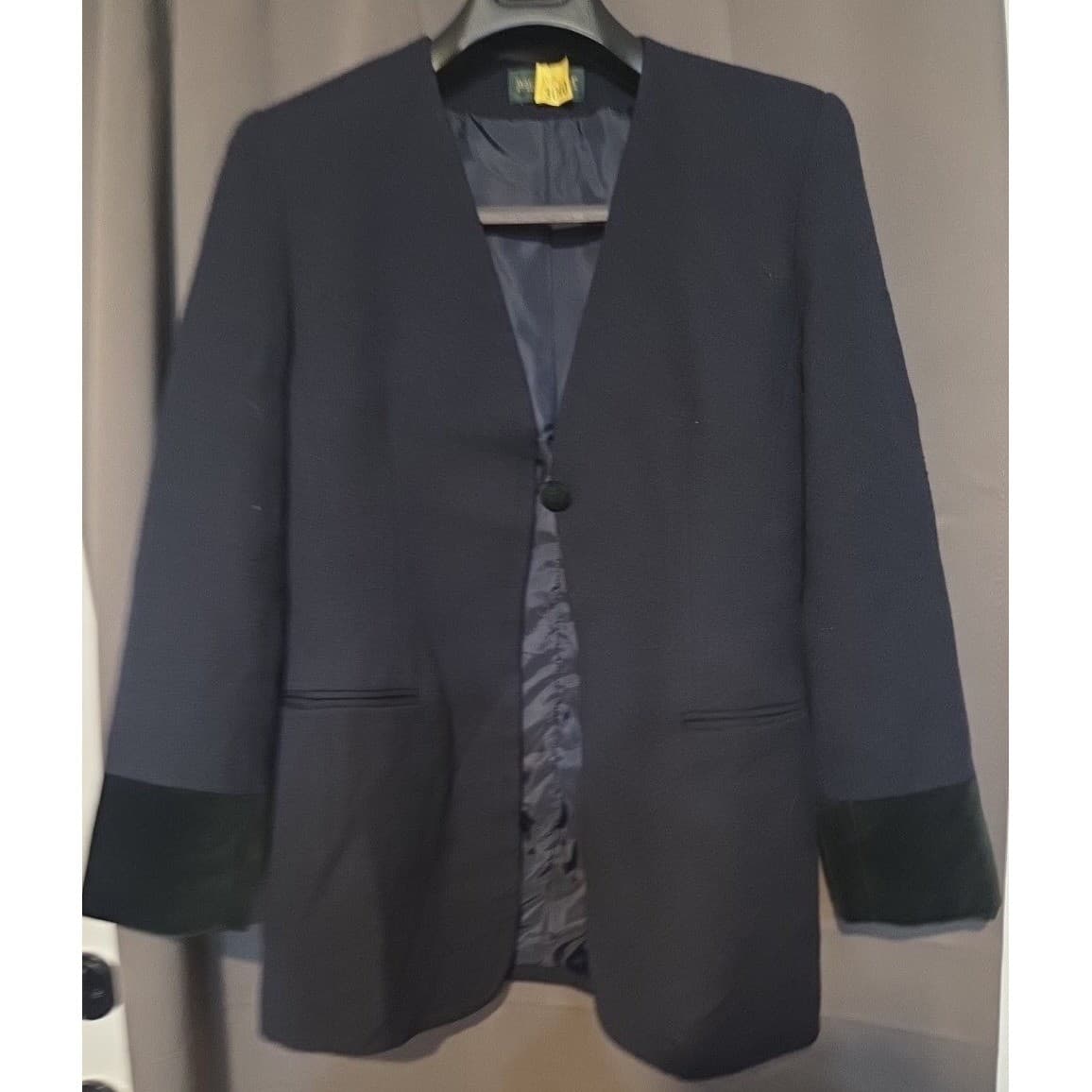 Albert Benard by Benard Holtzman Navy Collarless Blazer, Women's Velvet Cuffs - Thumbnail 3