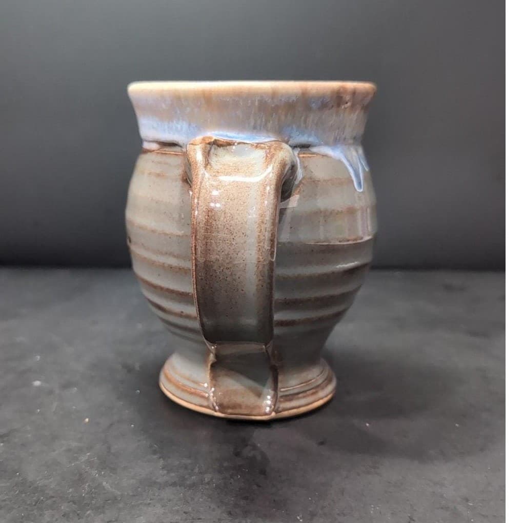 Drip Glazed Stamped Pottery Mug, Potbelly Coffee Cup, Signed MM or WW Bulb Logo - Thumbnail 4