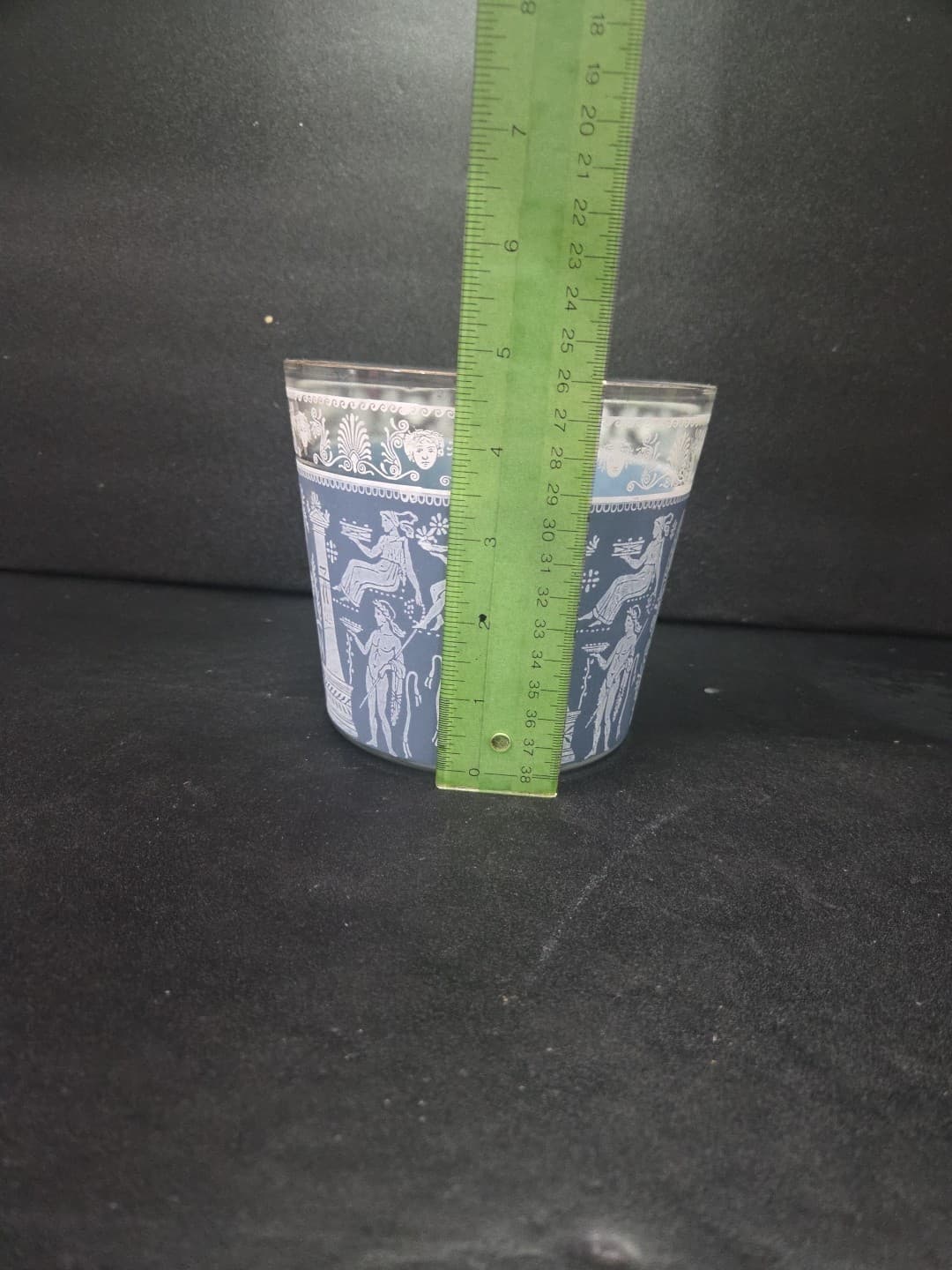 Wedgwood Blue Glass Ice Bucket, Jeanette Corinthian Style, Vtg Hellenic Design - Thumbnail 8