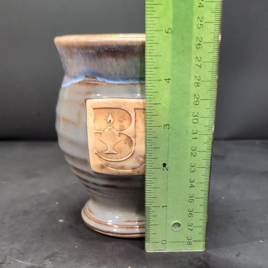Drip Glazed Stamped Pottery Mug, Potbelly Coffee Cup, Signed MM or WW Bulb Logo - Thumbnail 9