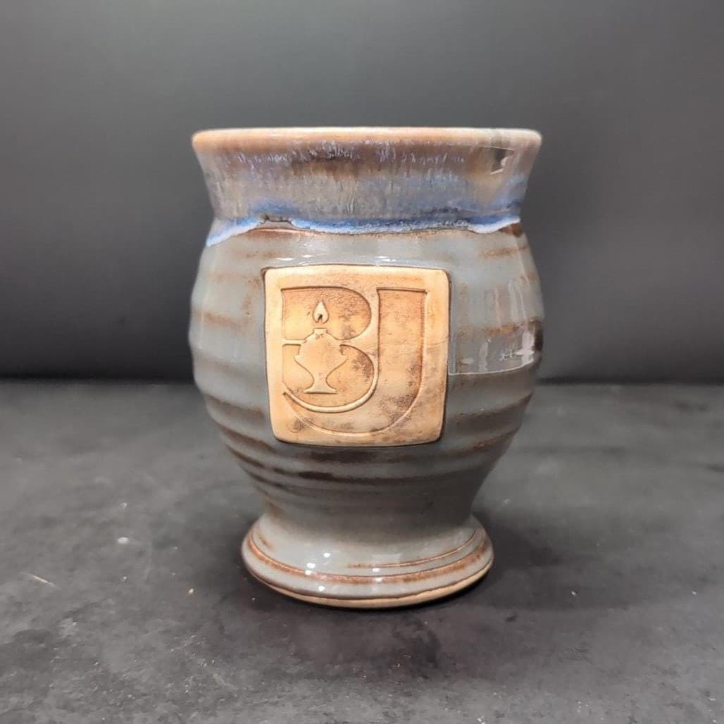 Drip Glazed Stamped Pottery Mug, Potbelly Coffee Cup, Signed MM or WW Bulb Logo - Thumbnail 2