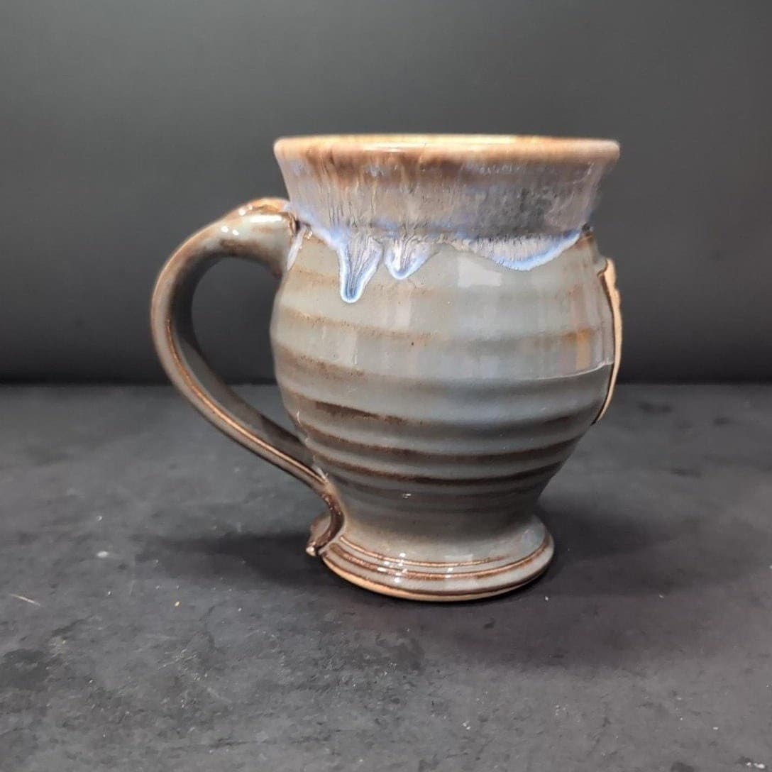 Drip Glazed Stamped Pottery Mug, Potbelly Coffee Cup, Signed MM or WW Bulb Logo - Thumbnail 5
