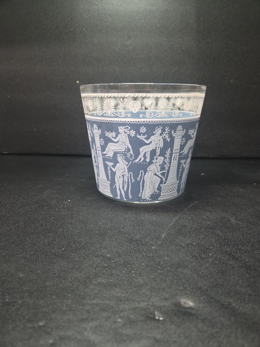 Wedgwood Blue Glass Ice Bucket, Jeanette Corinthian Style, Vtg Hellenic Design - Thumbnail 2