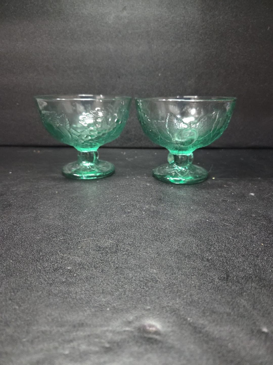 Pasabahce Green Dessert Bowls, Turkish Glassware, Fruit Design, Set of 2, 3.5" H