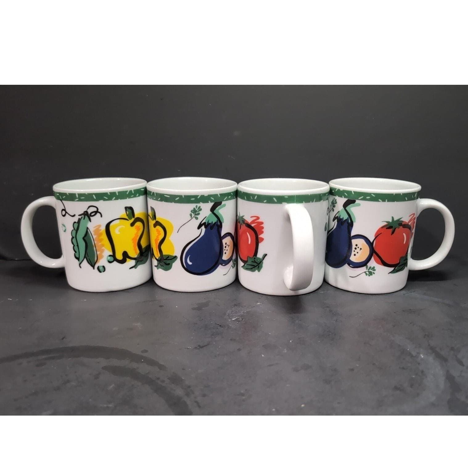 Tom Prager Vegetable Coffee Cups, Set of 4, Eggplant Tomato Pea, Vintage Mugs - Thumbnail 2
