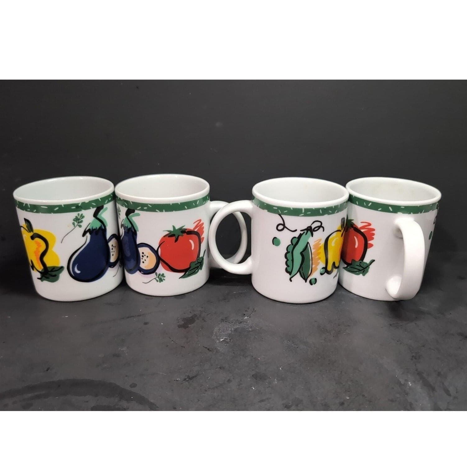 Tom Prager Vegetable Coffee Cups, Set of 4, Eggplant Tomato Pea, Vintage Mugs - Thumbnail 3