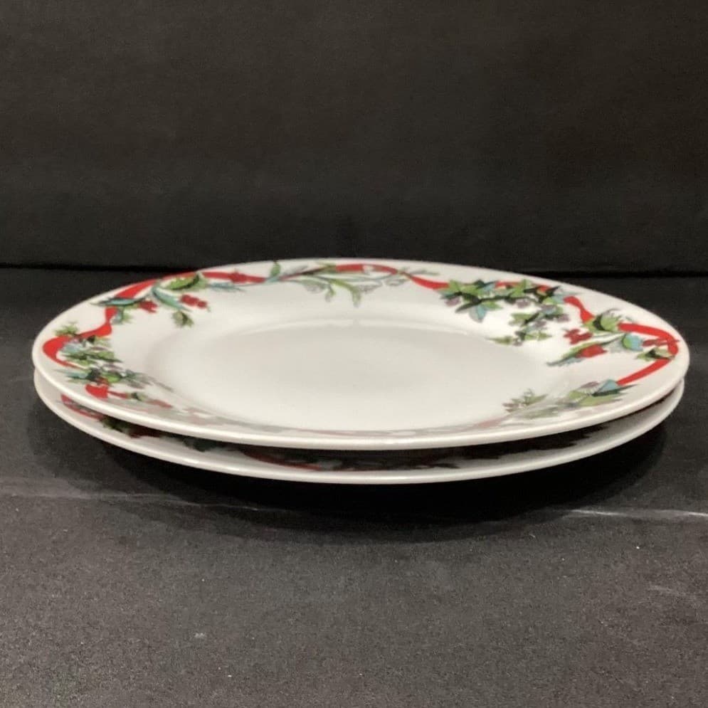 Brylane Home Set Of 2 Christmas JOLLY TIME Dinner Plates 11" Ribbon Floral EXC!! - Thumbnail 9