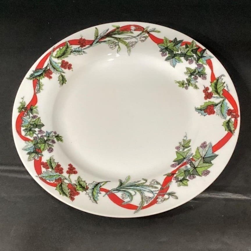 Brylane Home Set Of 2 Christmas JOLLY TIME Dinner Plates 11" Ribbon Floral EXC!! - Thumbnail 3