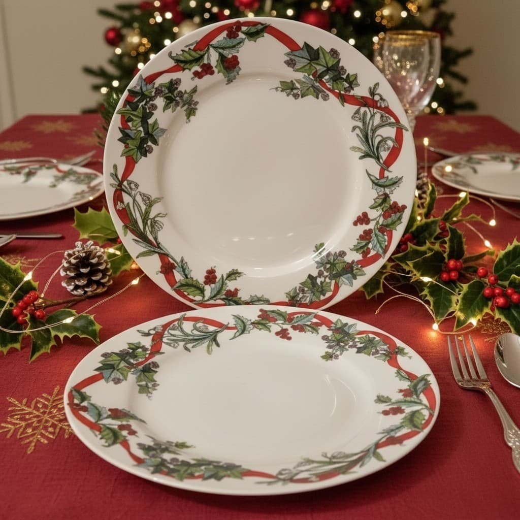 Brylane Home Set Of 2 Christmas JOLLY TIME Dinner Plates 11" Ribbon Floral EXC!!