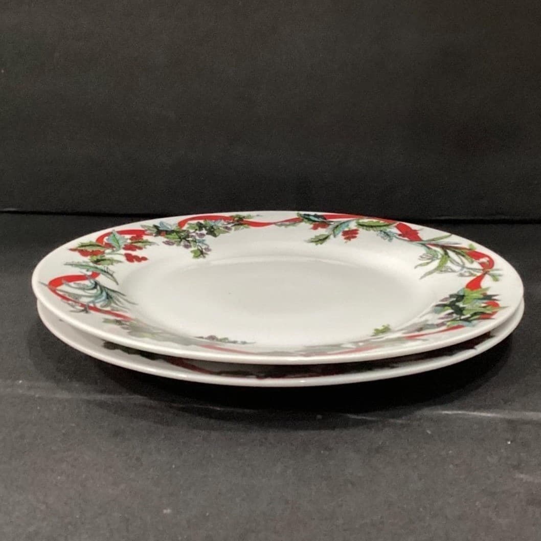 Brylane Home Set Of 2 Christmas JOLLY TIME Dinner Plates 11" Ribbon Floral EXC!! - Thumbnail 8