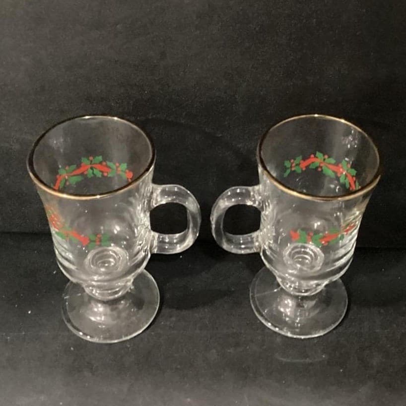 2 ~ Vintage Libbey Irish Coffee Mugs ~ Christmas Holly Berry Ribbon ~ Gold Band - Thumbnail 3