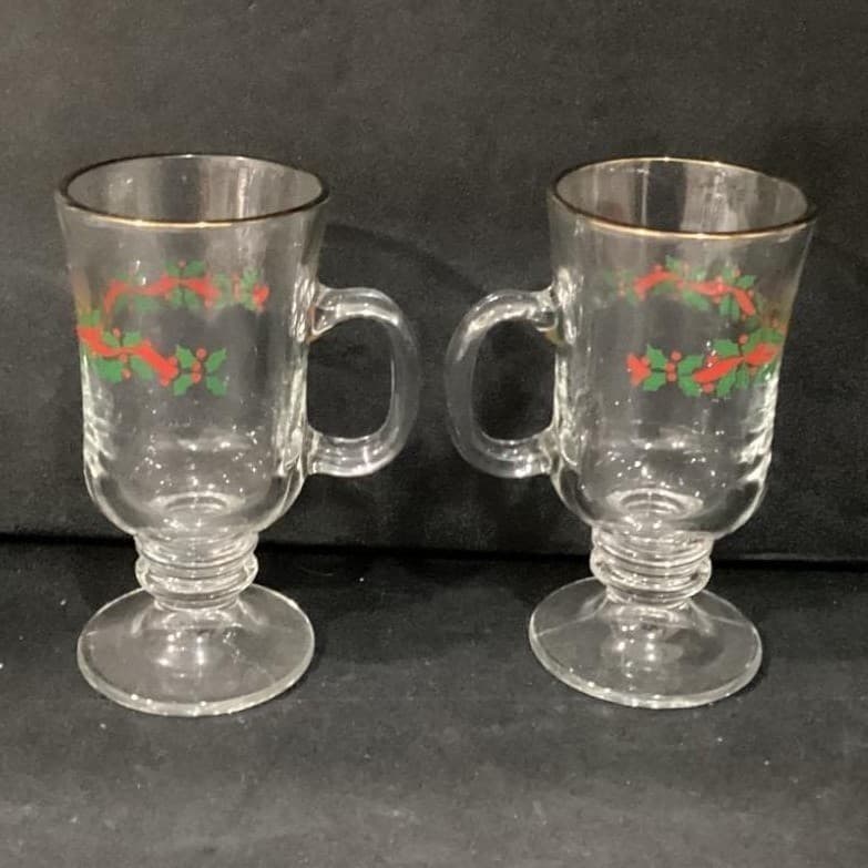 2 ~ Vintage Libbey Irish Coffee Mugs ~ Christmas Holly Berry Ribbon ~ Gold Band - Thumbnail 2