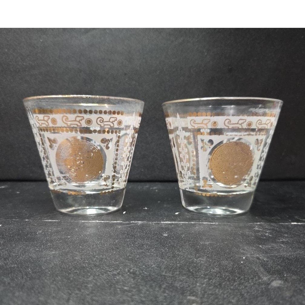 Hazel Atlas Aztec Calendar Lowball, Set of 2, Golden Medallion Design Tumbler - Thumbnail 5