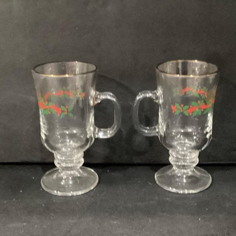 2 ~ Vintage Libbey Irish Coffee Mugs ~ Christmas Holly Berry Ribbon ~ Gold Band - Thumbnail 8