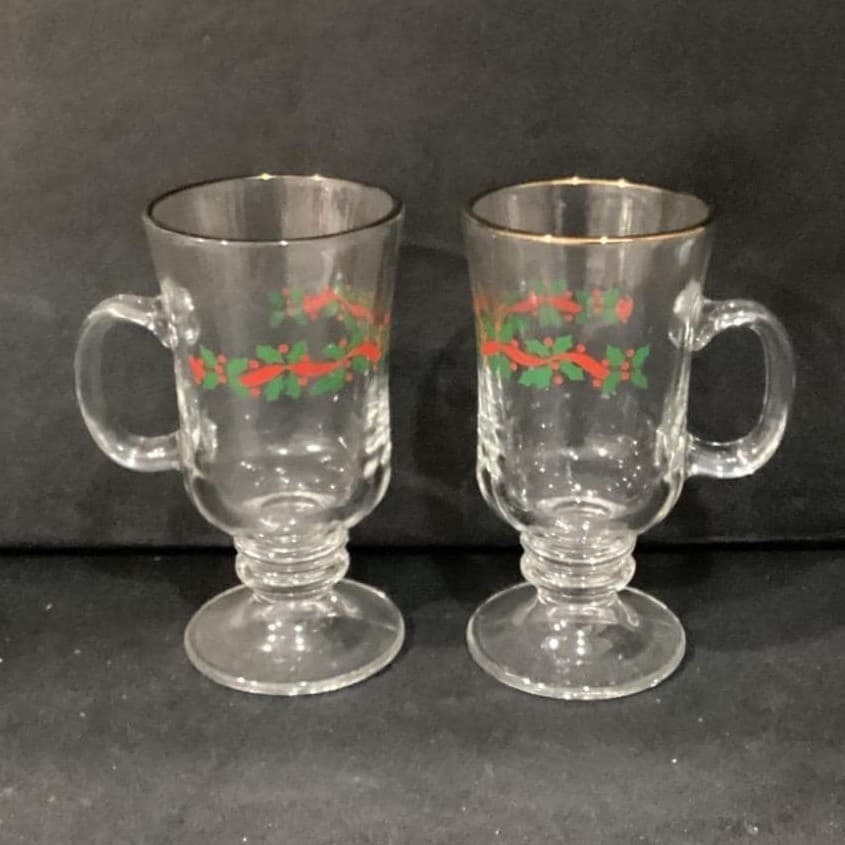 2 ~ Vintage Libbey Irish Coffee Mugs ~ Christmas Holly Berry Ribbon ~ Gold Band - Thumbnail 10