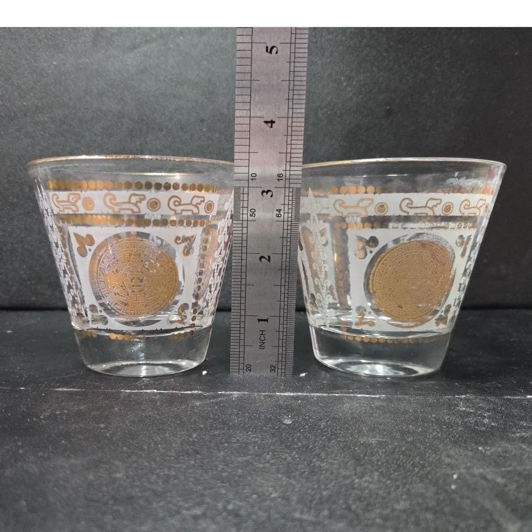 Hazel Atlas Aztec Calendar Lowball, Set of 2, Golden Medallion Design Tumbler - Thumbnail 9