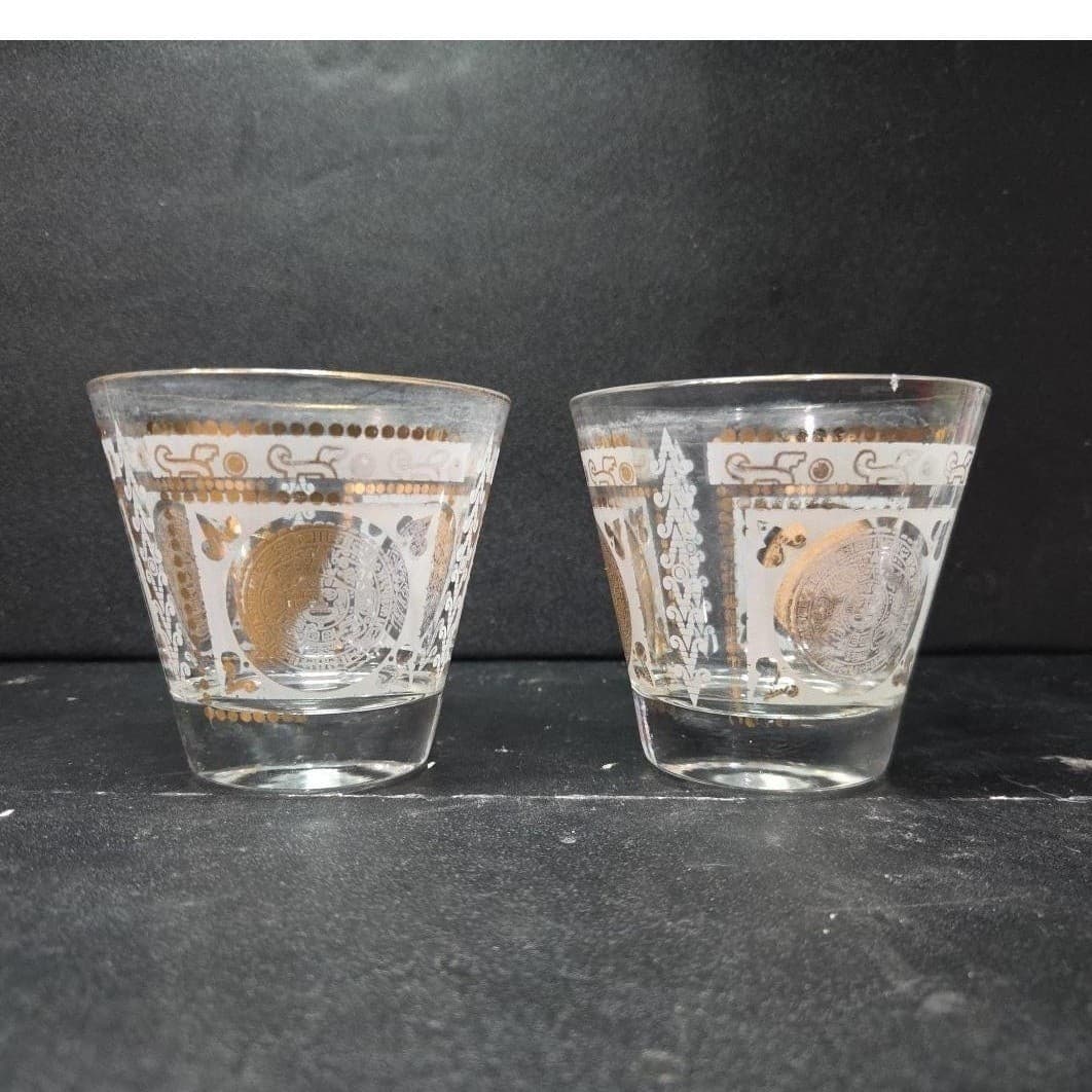 Hazel Atlas Aztec Calendar Lowball, Set of 2, Golden Medallion Design Tumbler - Thumbnail 3