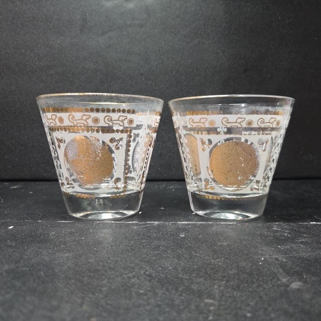 Hazel Atlas Aztec Calendar Lowball, Set of 2, Golden Medallion Design Tumbler - Thumbnail 2
