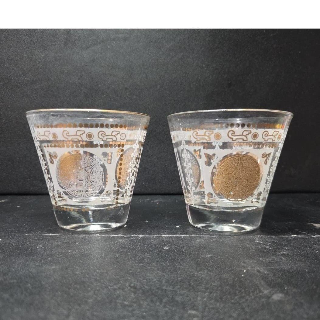 Hazel Atlas Aztec Calendar Lowball, Set of 2, Golden Medallion Design Tumbler - Thumbnail 4