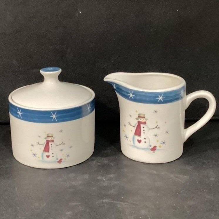Holiday Home Stoneware Creamer/Sugar Bowl & Lid Snowman Christmas - Thumbnail 9