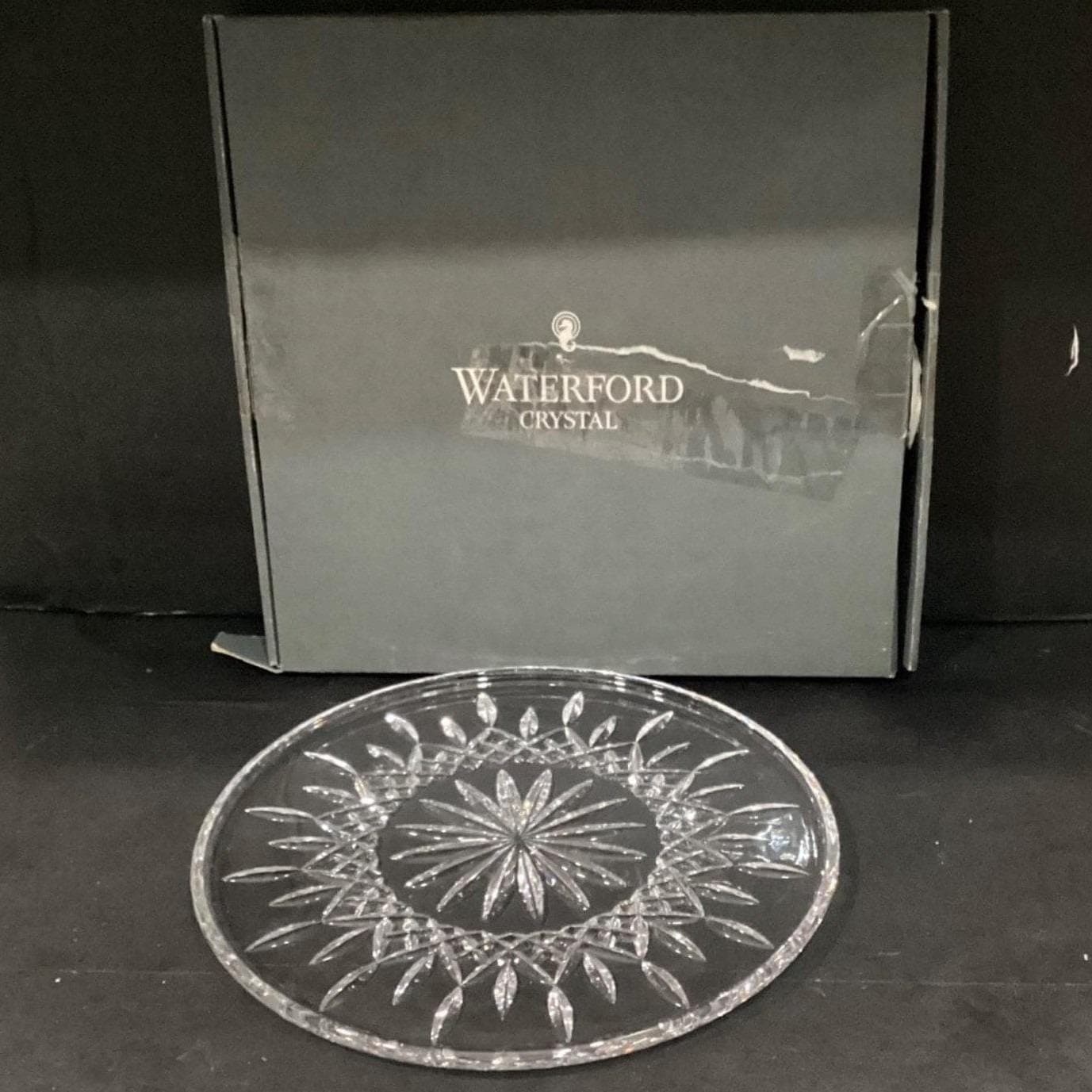Vintage Waterford Cut Crystal Lismore 12 inch Cake Plate Signed Sunflower w/Box - Thumbnail 4