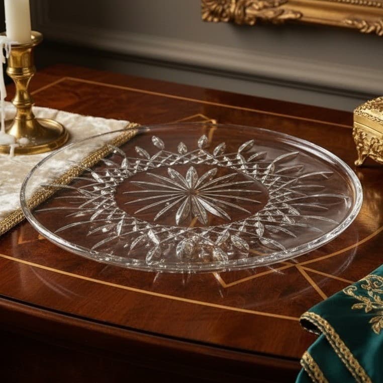 Vintage Waterford Cut Crystal Lismore 12 inch Cake Plate Signed Sunflower w/Box