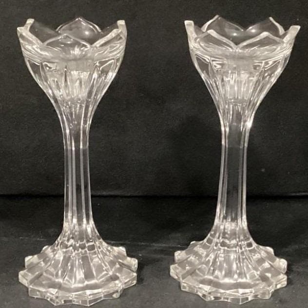 Gorham Leaded Crystal 7" Candlesticks Lotus Pattern Made In Germany - Thumbnail 9