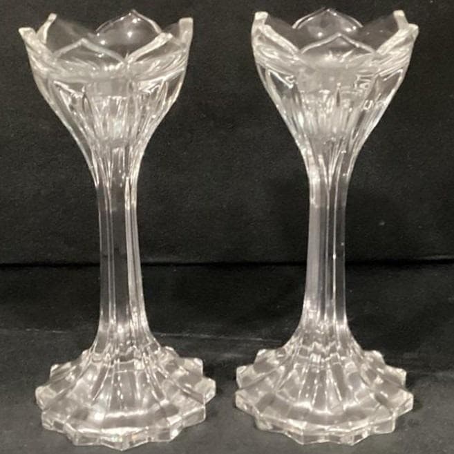Gorham Leaded Crystal 7" Candlesticks Lotus Pattern Made In Germany - Thumbnail 11