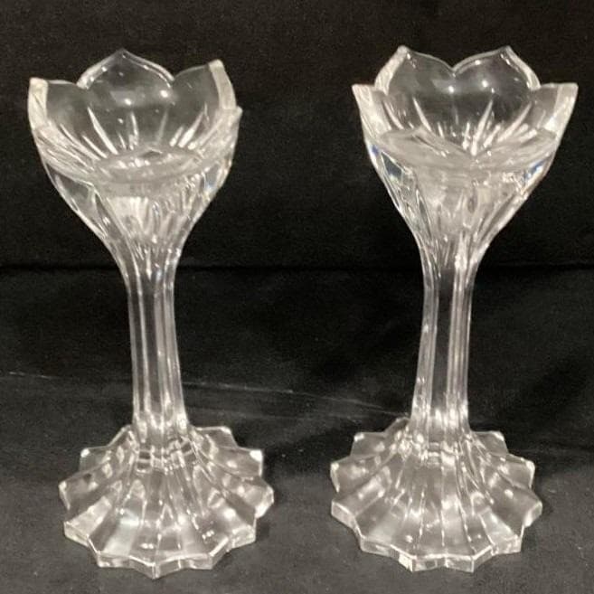 Gorham Leaded Crystal 7" Candlesticks Lotus Pattern Made In Germany - Thumbnail 3