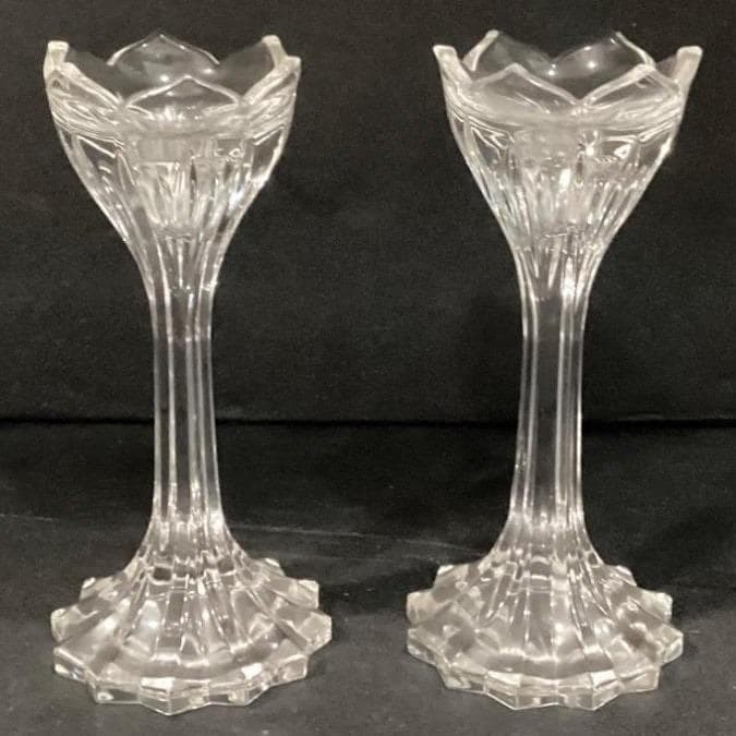 Gorham Leaded Crystal 7" Candlesticks Lotus Pattern Made In Germany - Thumbnail 2