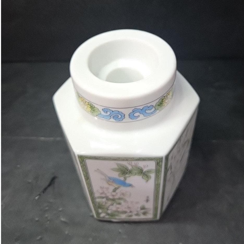 Porcelain Asian Inspired Candleholder, Vintage Floral & Bird Themed Design - Thumbnail 6