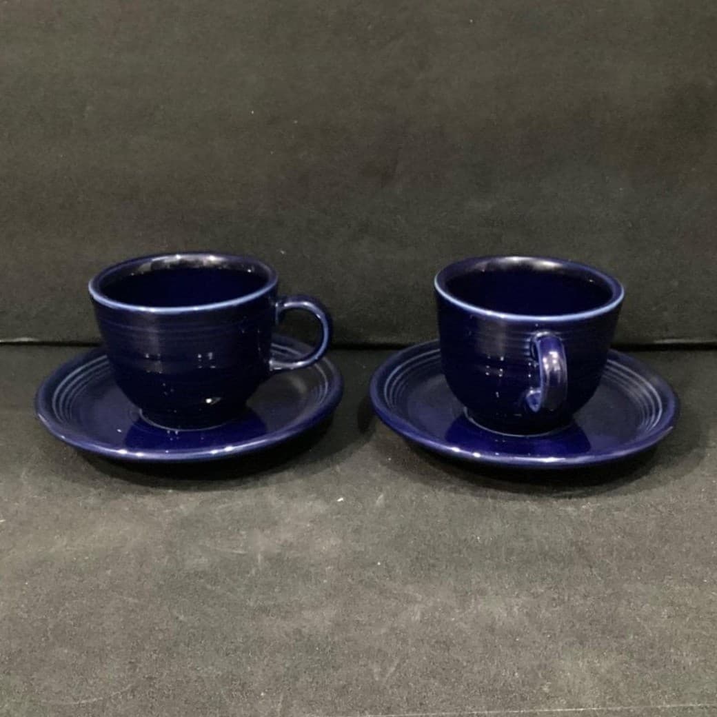 Fiesta Homer Laughlin Cobalt Blue Cup & Saucers, Set of 2, Vintage USA Pottery - Thumbnail 10