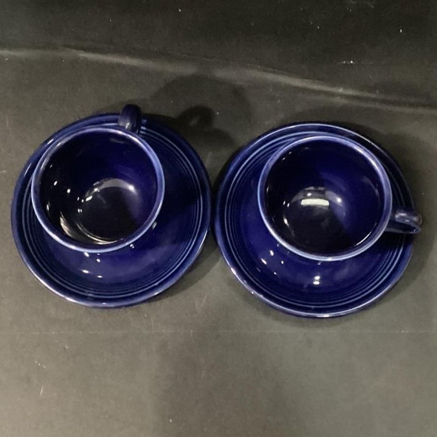 Fiesta Homer Laughlin Cobalt Blue Cup & Saucers, Set of 2, Vintage USA Pottery - Thumbnail 3