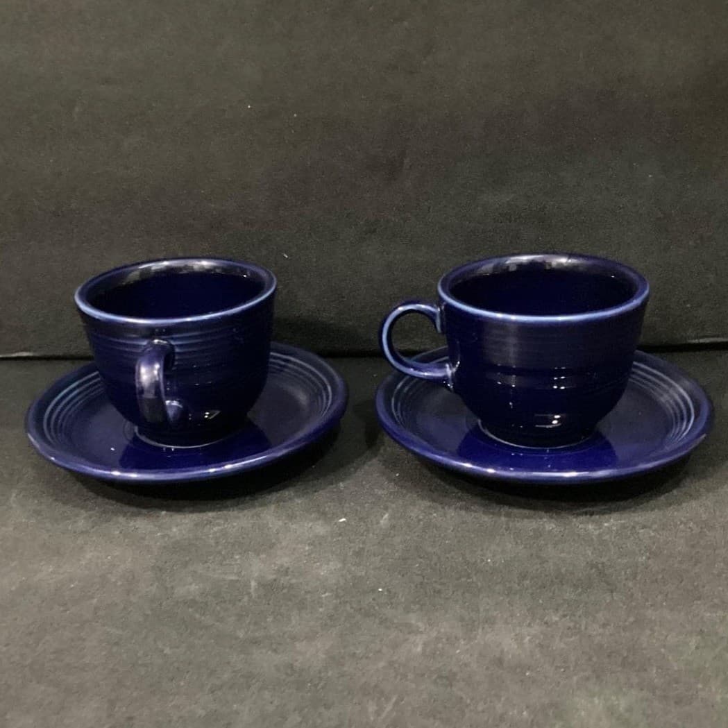 Fiesta Homer Laughlin Cobalt Blue Cup & Saucers, Set of 2, Vintage USA Pottery - Thumbnail 9