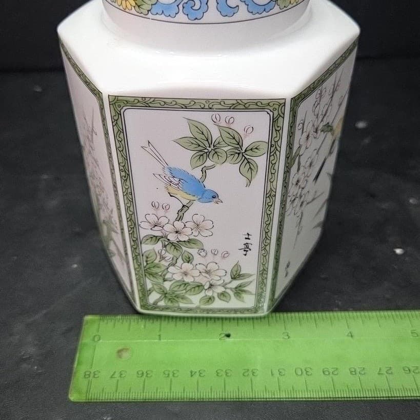 Porcelain Asian Inspired Candleholder, Vintage Floral & Bird Themed Design - Thumbnail 10