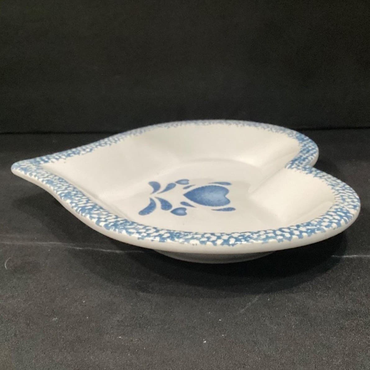 Blue Spongeware Heart-Shaped Pie Pan, Stoneware Spatter Bowl Country Kitchenware - Thumbnail 10