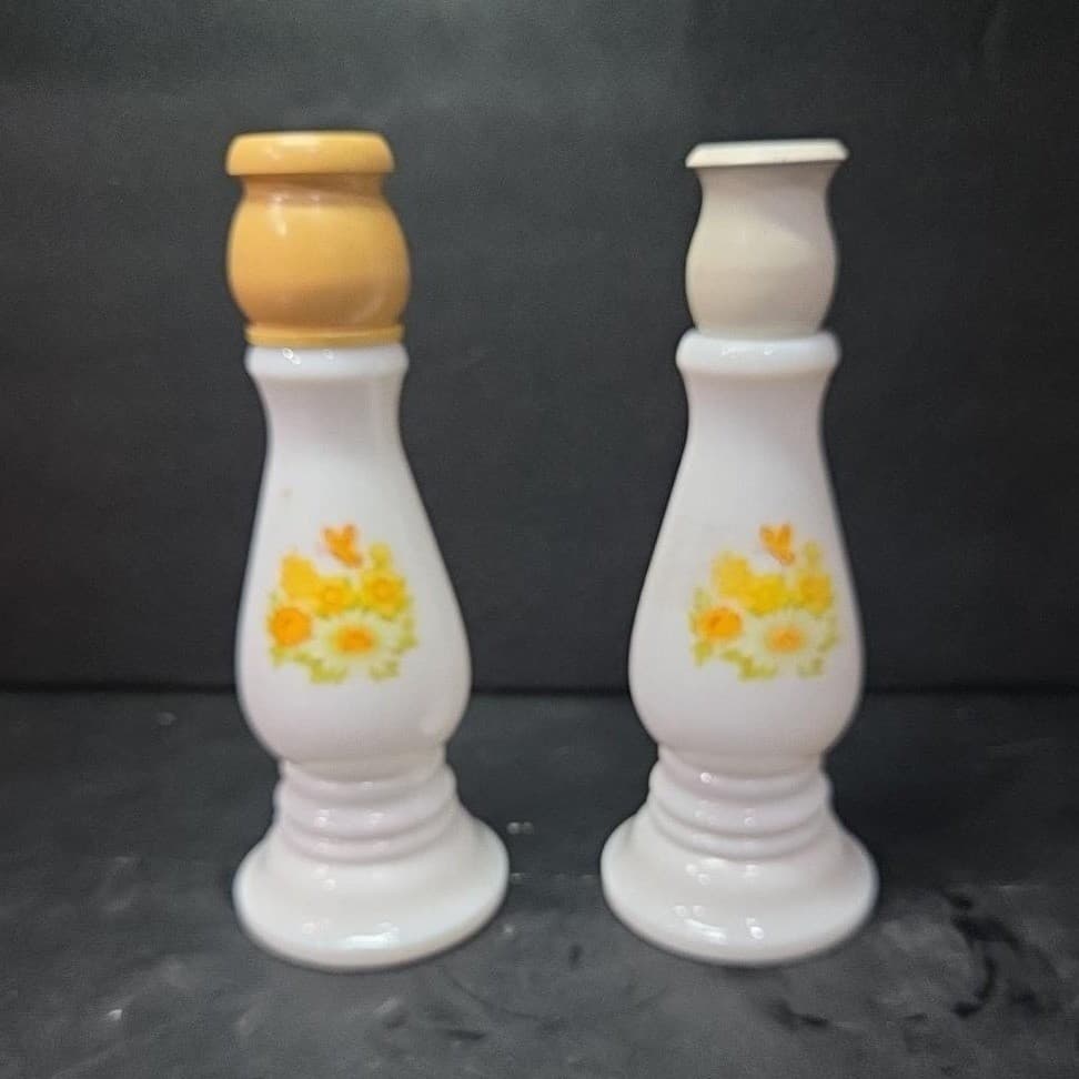Avon Buttercup Cologne Candlestick Bottles, Set of 2, Vintage Milk Glass Decor - Thumbnail 2