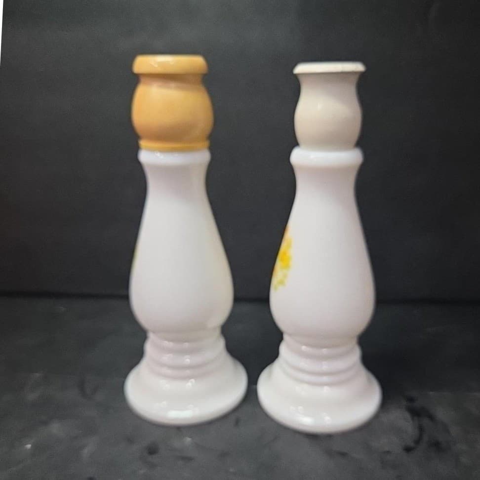 Avon Buttercup Cologne Candlestick Bottles, Set of 2, Vintage Milk Glass Decor - Thumbnail 3
