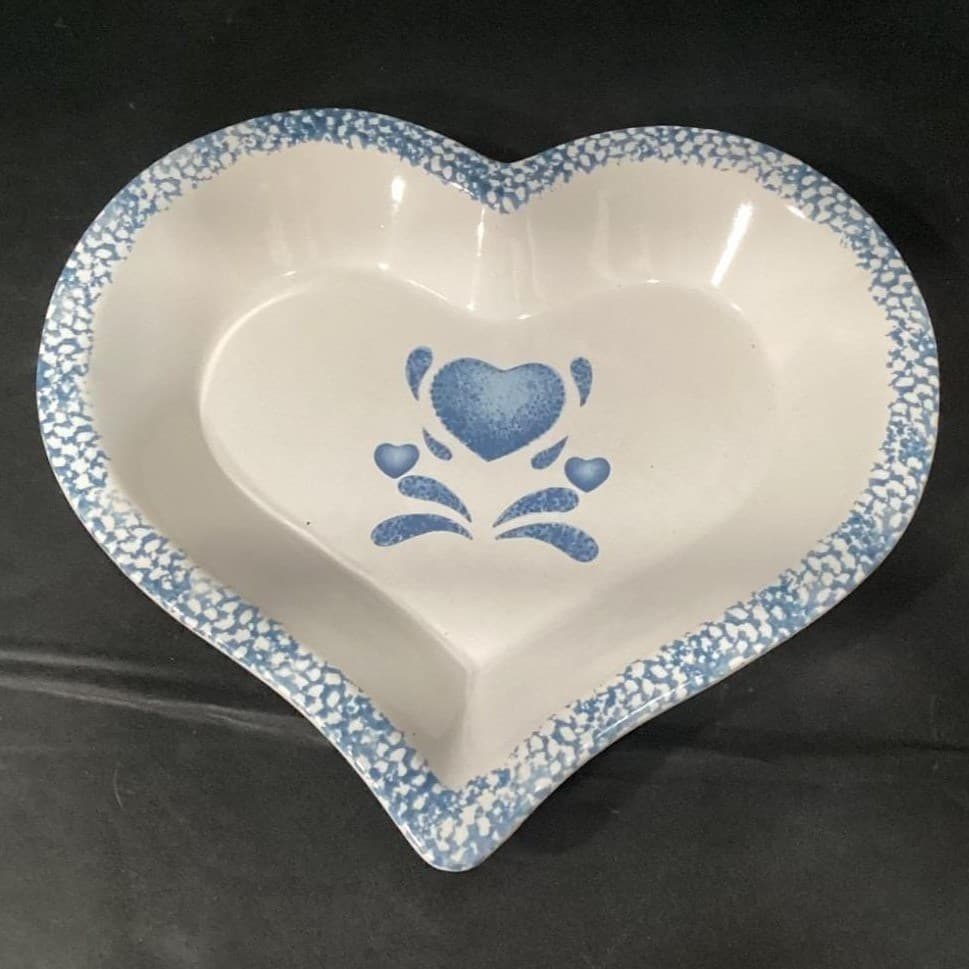 Blue Spongeware Heart-Shaped Pie Pan, Stoneware Spatter Bowl Country Kitchenware - Thumbnail 3