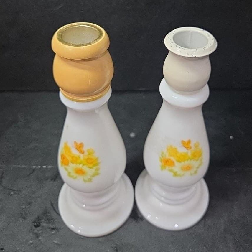 Avon Buttercup Cologne Candlestick Bottles, Set of 2, Vintage Milk Glass Decor - Thumbnail 6