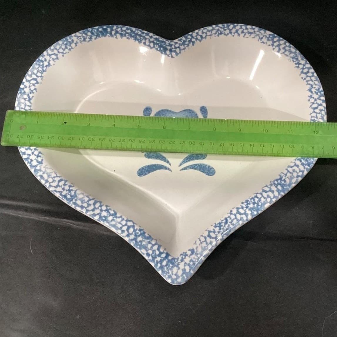 Blue Spongeware Heart-Shaped Pie Pan, Stoneware Spatter Bowl Country Kitchenware - Thumbnail 5