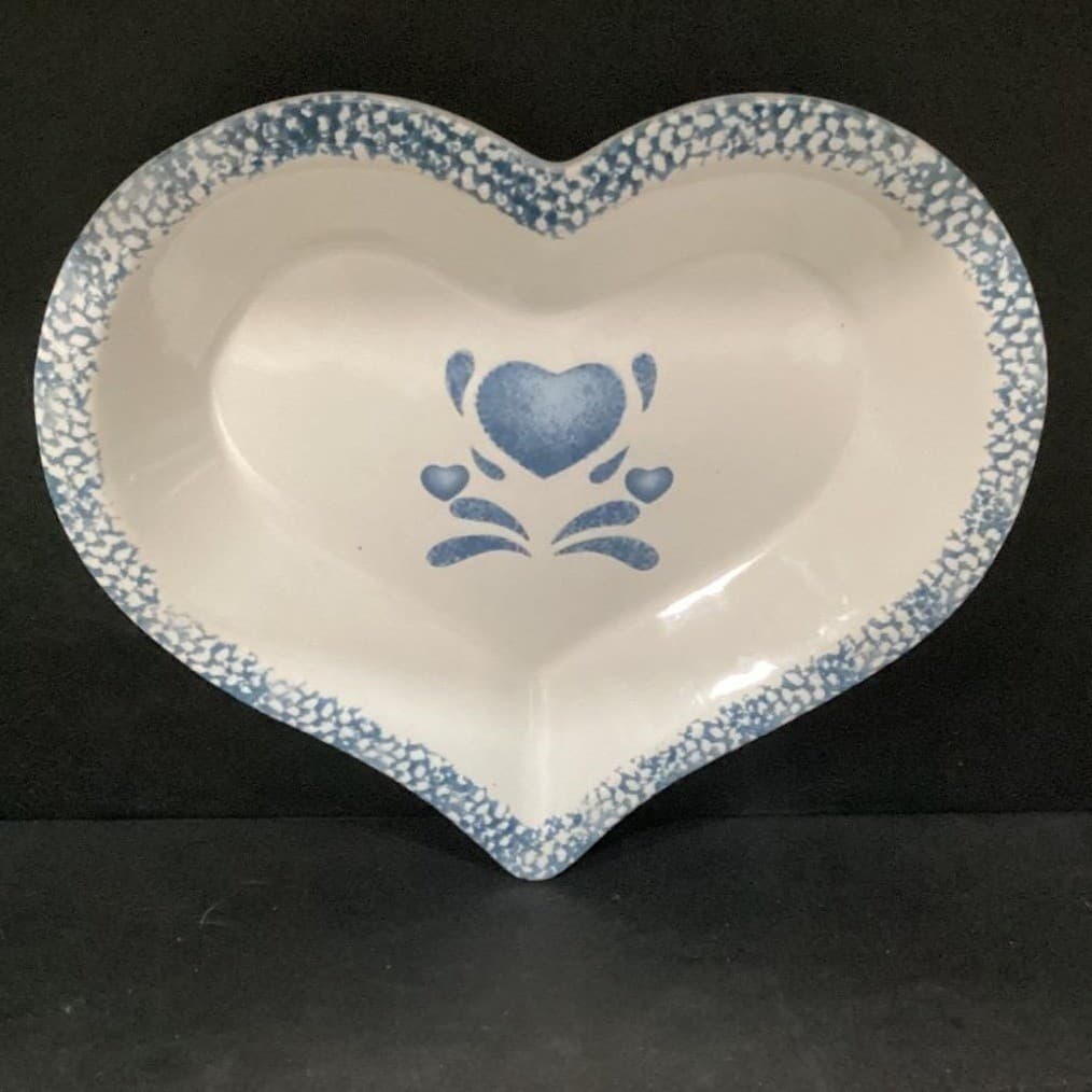 Blue Spongeware Heart-Shaped Pie Pan, Stoneware Spatter Bowl Country Kitchenware - Thumbnail 2