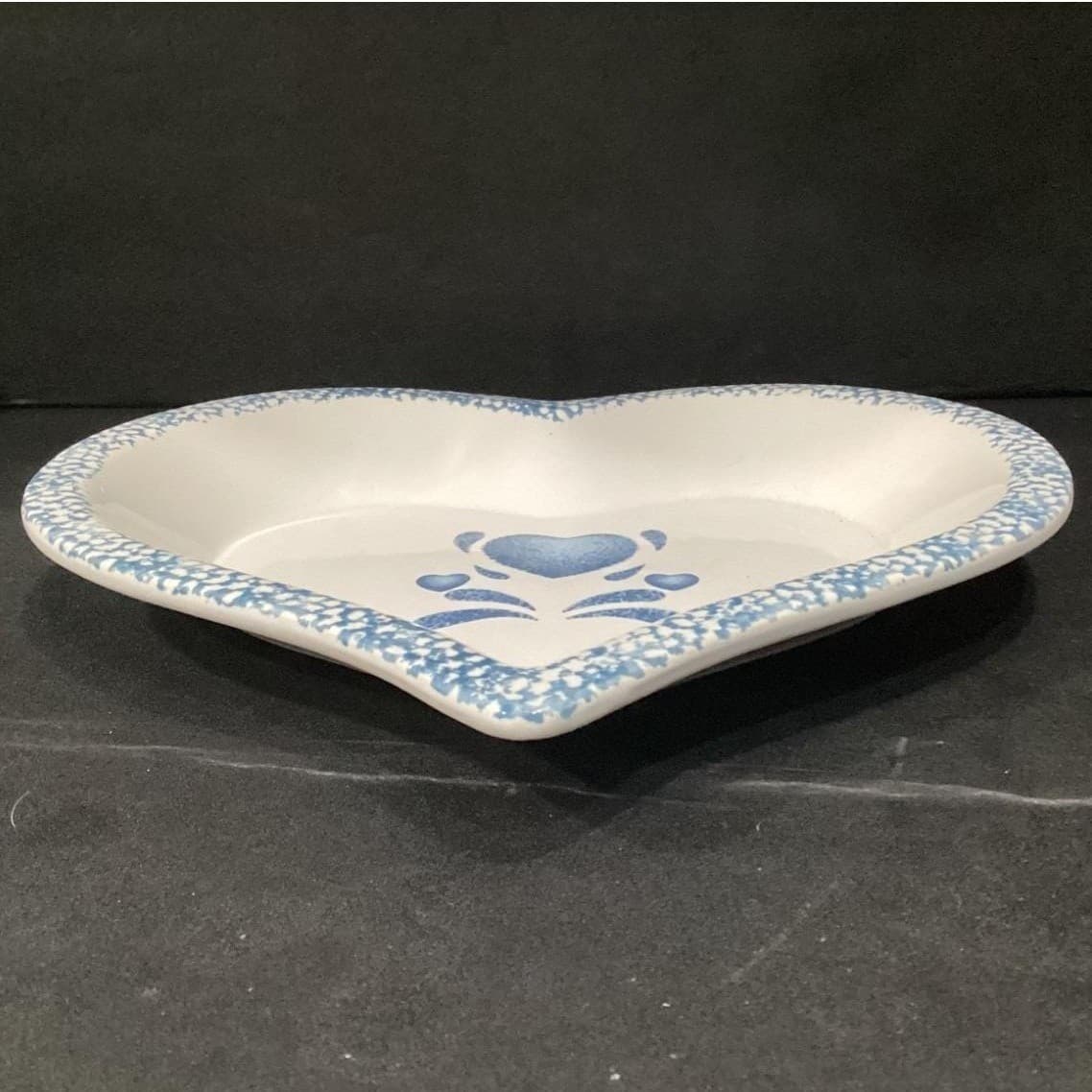 Blue Spongeware Heart-Shaped Pie Pan, Stoneware Spatter Bowl Country Kitchenware - Thumbnail 7